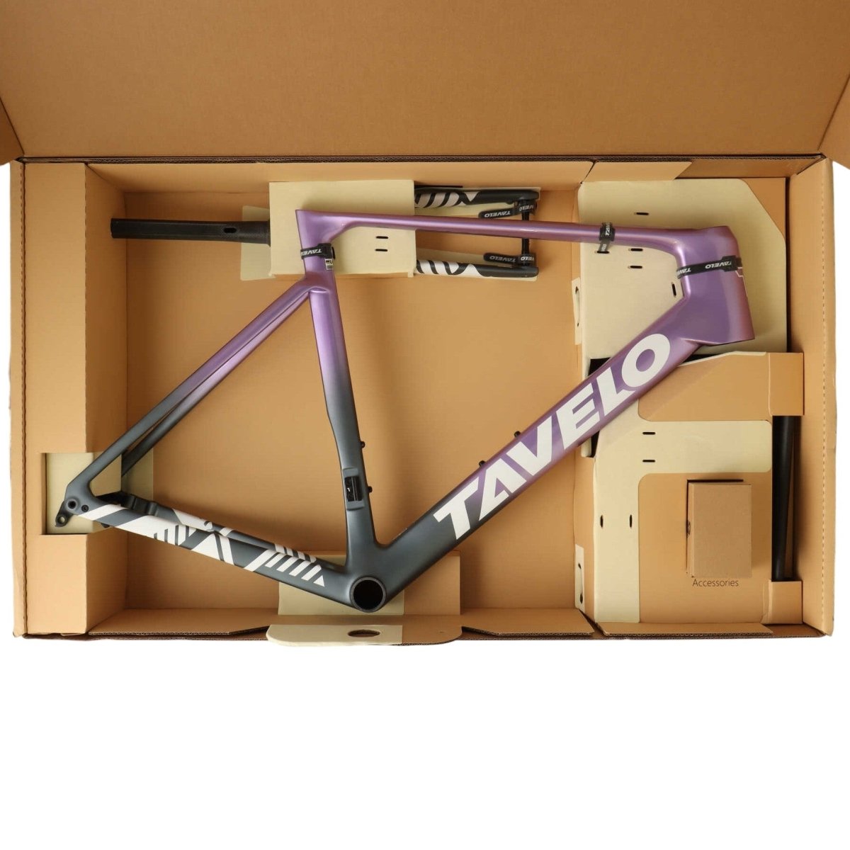 TAVELO Arow Race Carbon Rennrad Rahmenset | Größe 54 cm (XL) | Integriertes Cockpit 420x100 mm | Farbe Zebro Purple - RAAAD.de